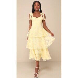 Lulus Glamorous Sweetie Dress Yellow Floral Bustier Midi Sz Medium Coquette Girl